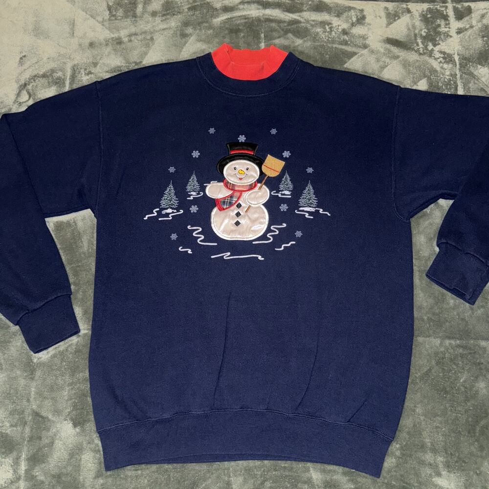 Pleasant Shade Sweatshirt Women's Large‎ Navy Blue Christmas Snowman Vintage 90s